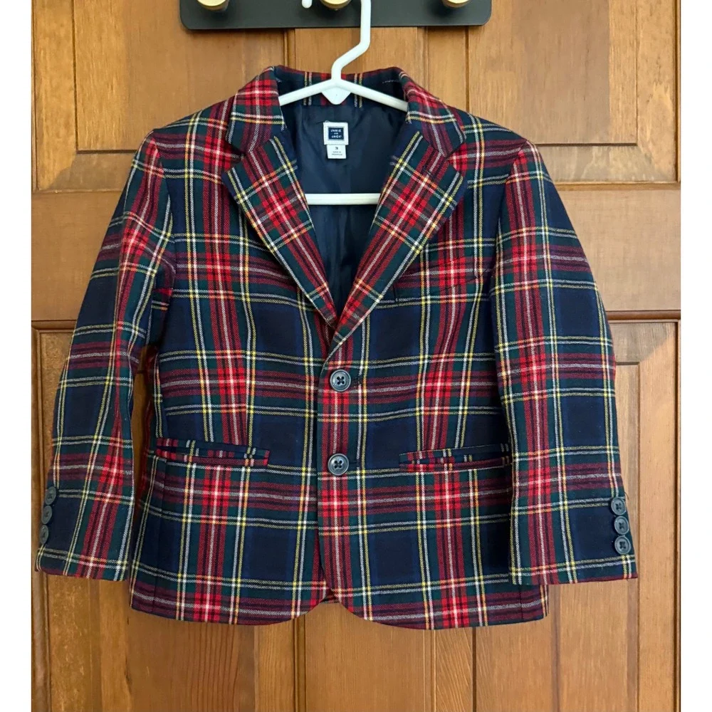 Janie and Jack Toddler Tartan Blazer Boys Size 3 Navy Plaid Two-Button Jacket - Picture 2 of 10